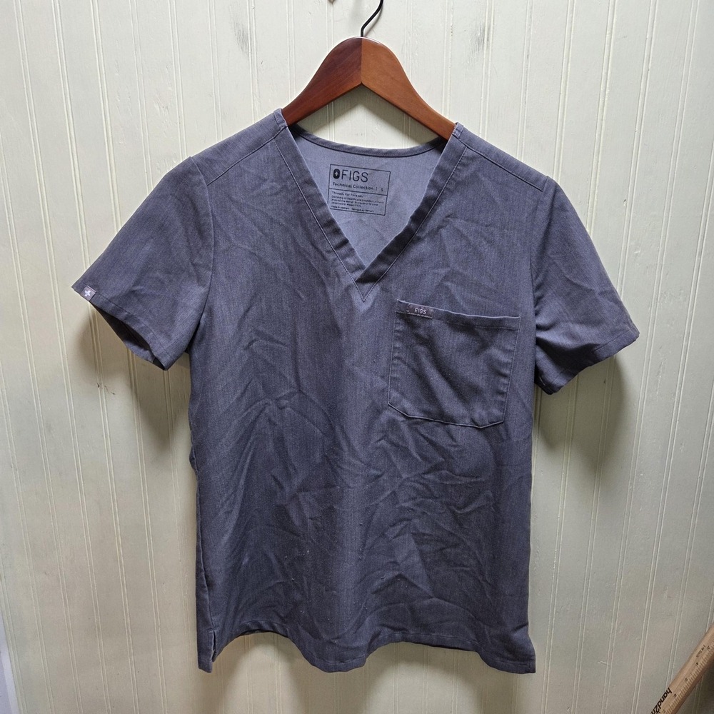 FIGS Technical Scrub Top Mens Small Gray V Neck‎ Short Sleeve Pocket Nursing